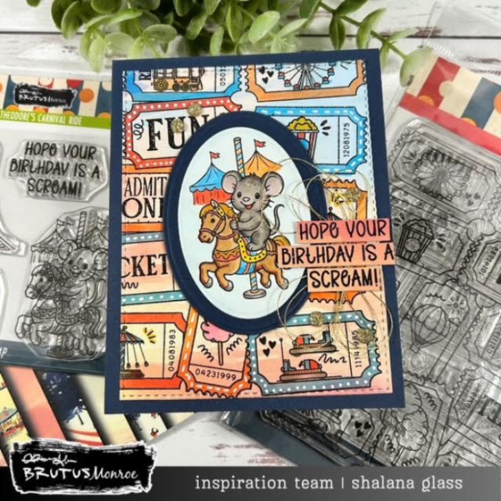Brutus Monroe Family Tickets Clear Stamp bru5264 mouse on carousel ticket background card shalana glass