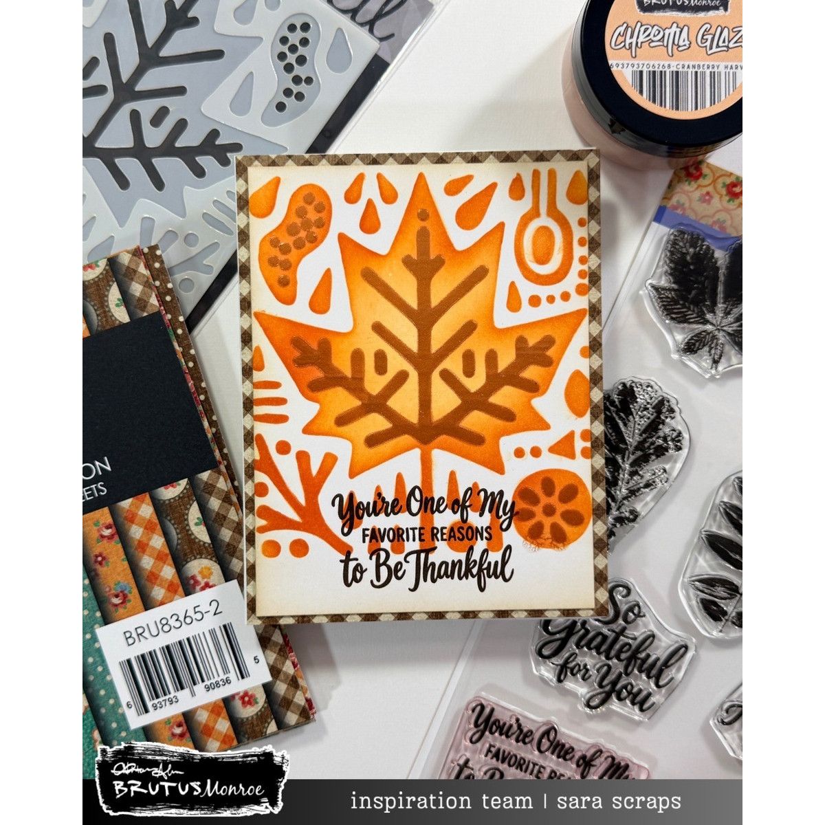 Brutus Monroe Folk Leaf Doodle A2 Layering 4x5 Stencils bru8025-2 black plaid frame trim thankful card sara scraps