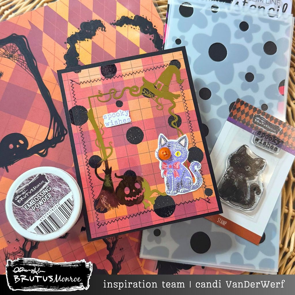 Brutus Monroe Frightening Frames Acetate Sheets bru4778-2 cat with button eye witch hat pumpkin spooky wishes card candi vanderwerf