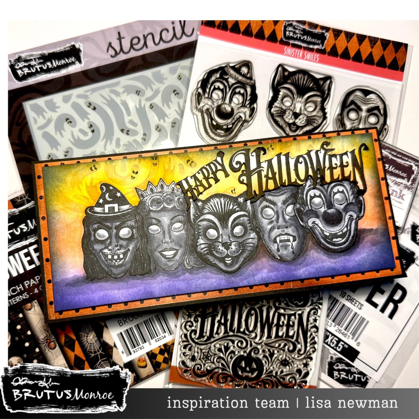 Brutus Monroe Ghosts of Plenty 6x6 Layering Stencils bru5648-3 lisa newman happy halloween mask card