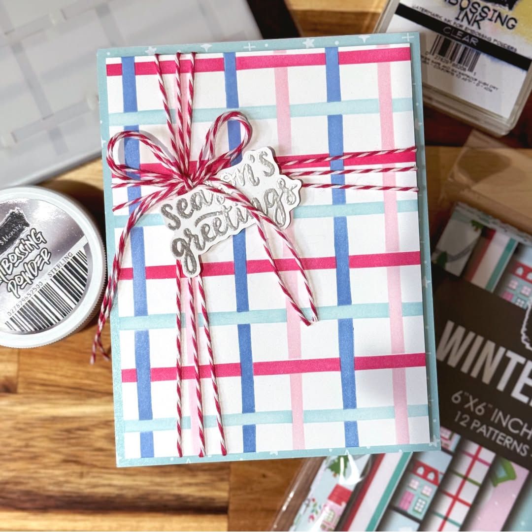 Brutus Monroe Gift Wrap Layering 6x6 Stencils bru3005 red and white yarn bow season's greetings card