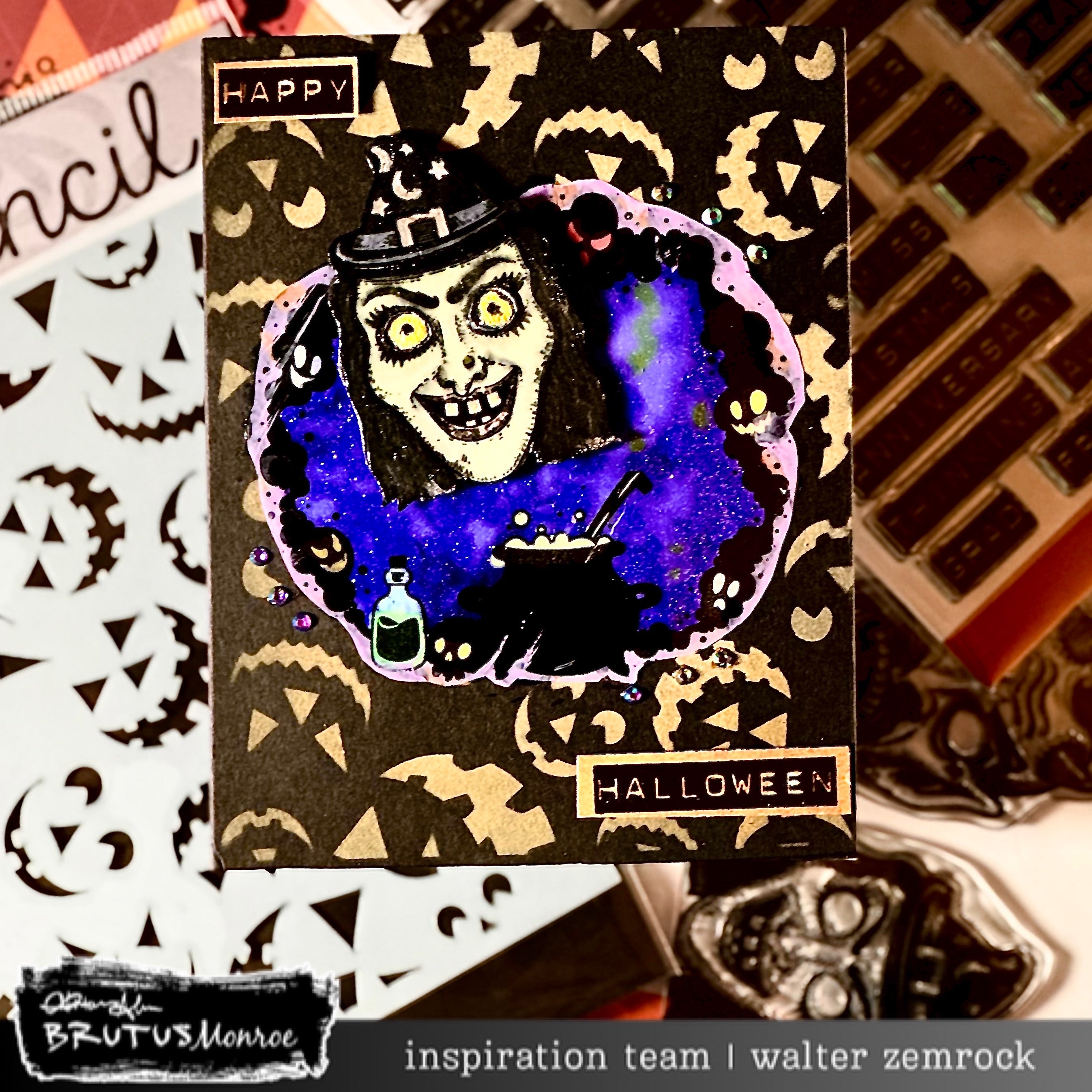 Brutus Monroe Glow in the Dark 6x6 Stencil bru8892 walter zemrock happy halloween witch card