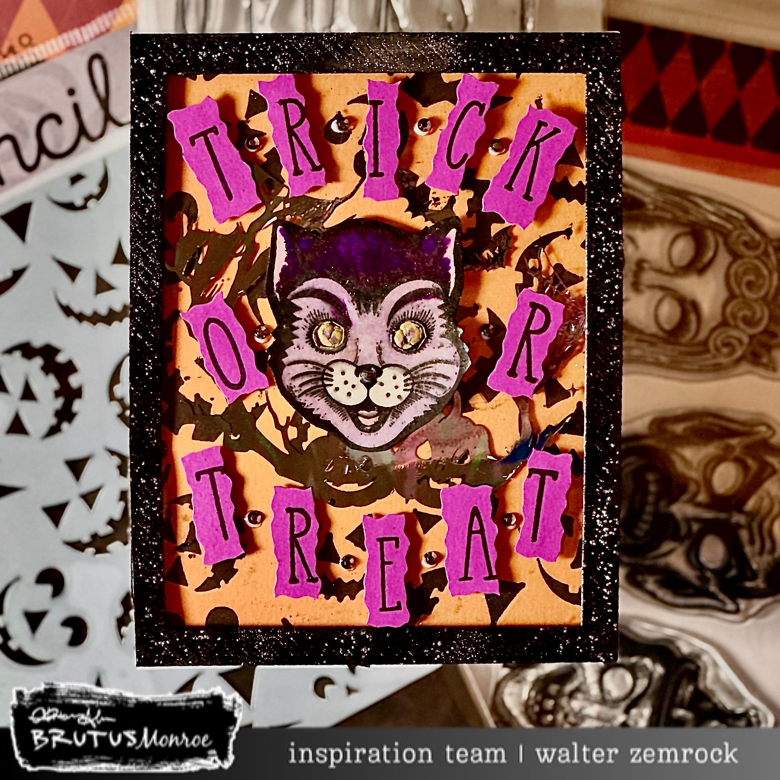 Brutus Monroe Glow in the Dark 6x6 Stencil bru8892 walter zemrock trick or treat cat card