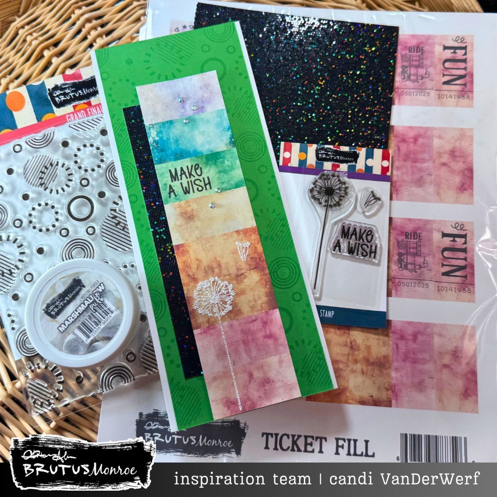 Brutus Monroe Grand Finale Clear Stamp bru3759-2 dandelion colored squares green background make a wish card candi vanderwerf