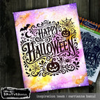 Brutus Monroe Happy Halloween Clear Stamp Set bru7552-3 bat pumpkins spider webs moon purple orange yellow tie dye card carrianne banul