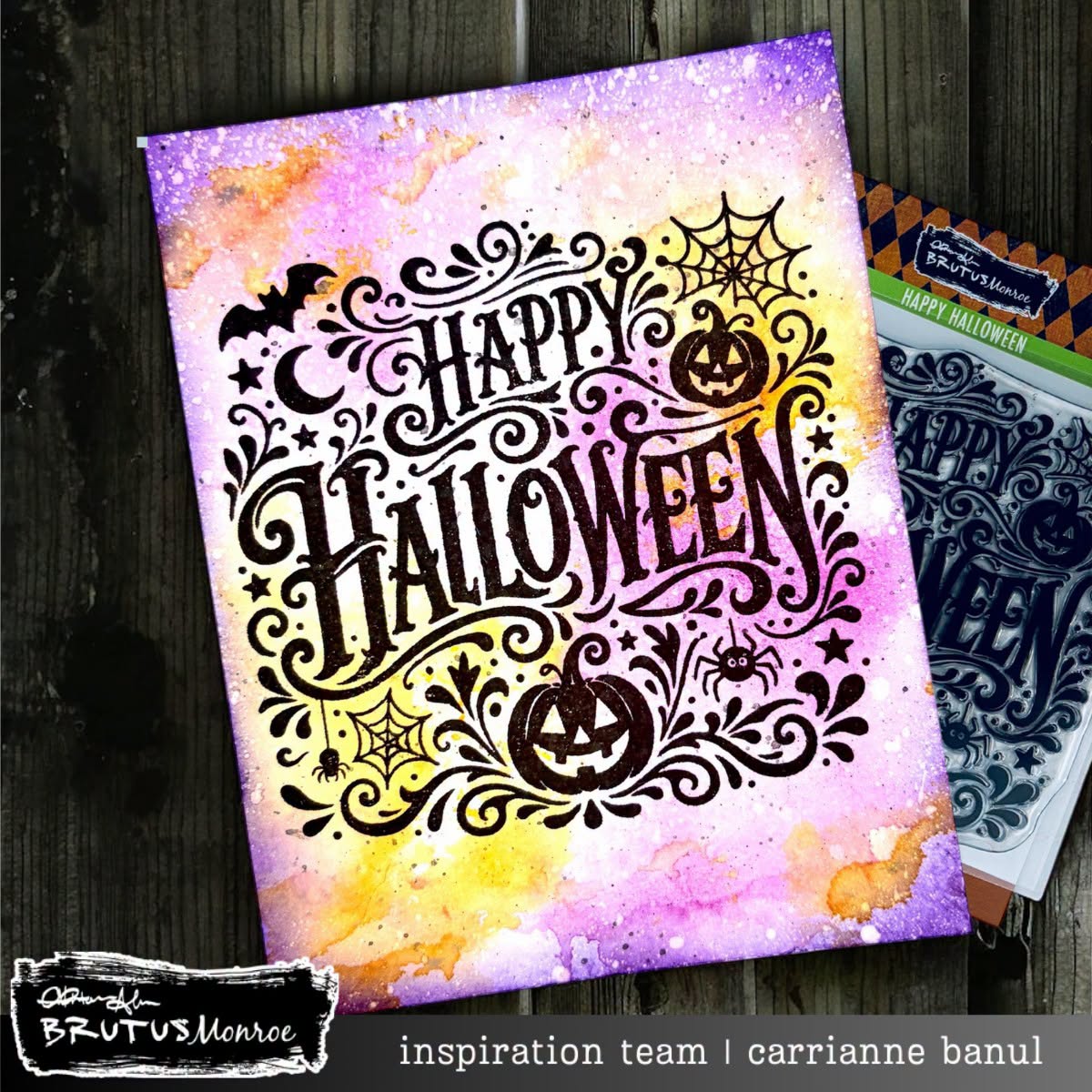 Brutus Monroe Happy Halloween Clear Stamp Set bru7552-3 bat pumpkins spider webs moon purple orange yellow tie dye card carrianne banul
