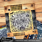 Brutus Monroe Happy Halloween Clear Stamp Set bru7552-3 bats pumpkin spiders checkerboard background card carrianne banul