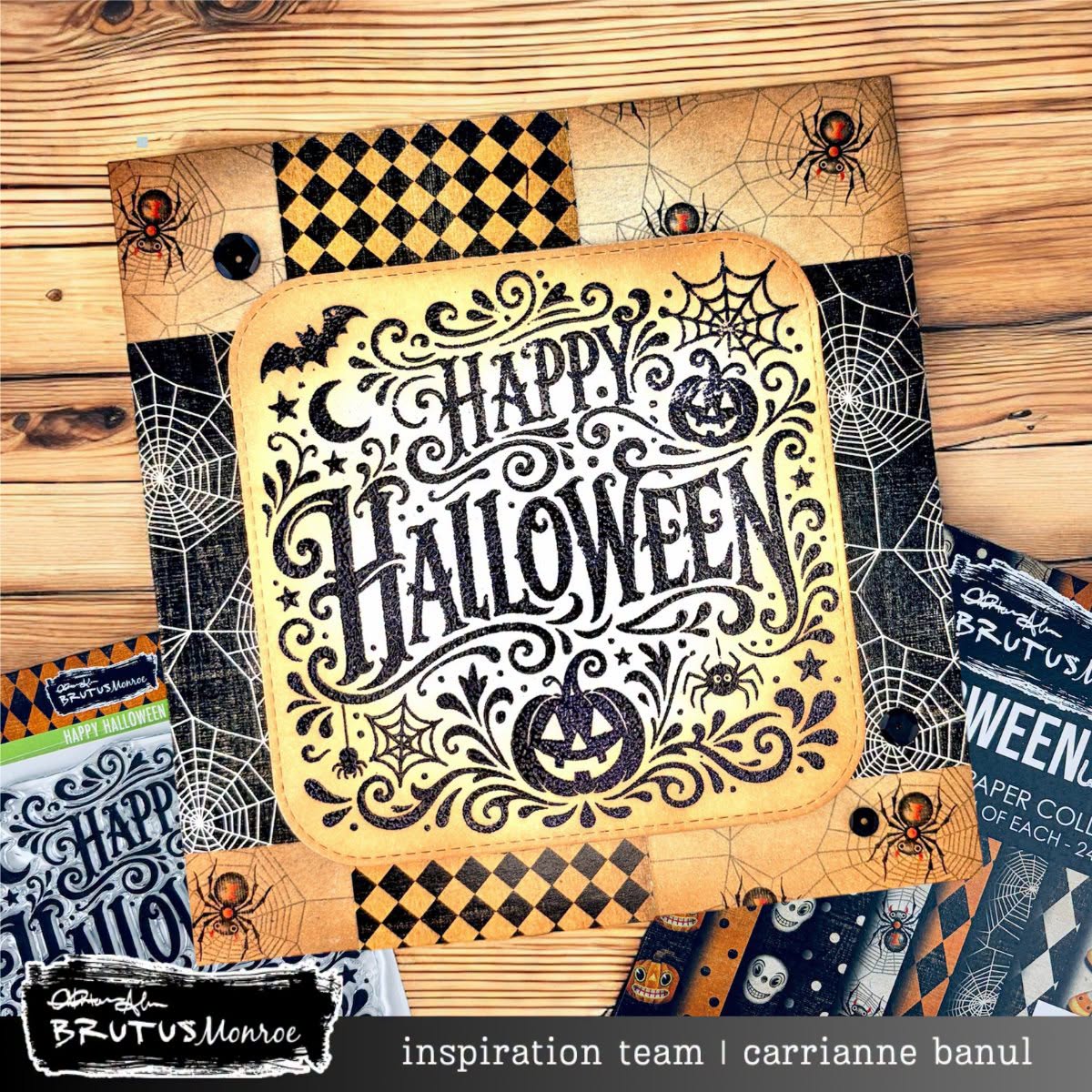 Brutus Monroe Happy Halloween Clear Stamp Set bru7552-3 bats pumpkin spiders checkerboard background card carrianne banul