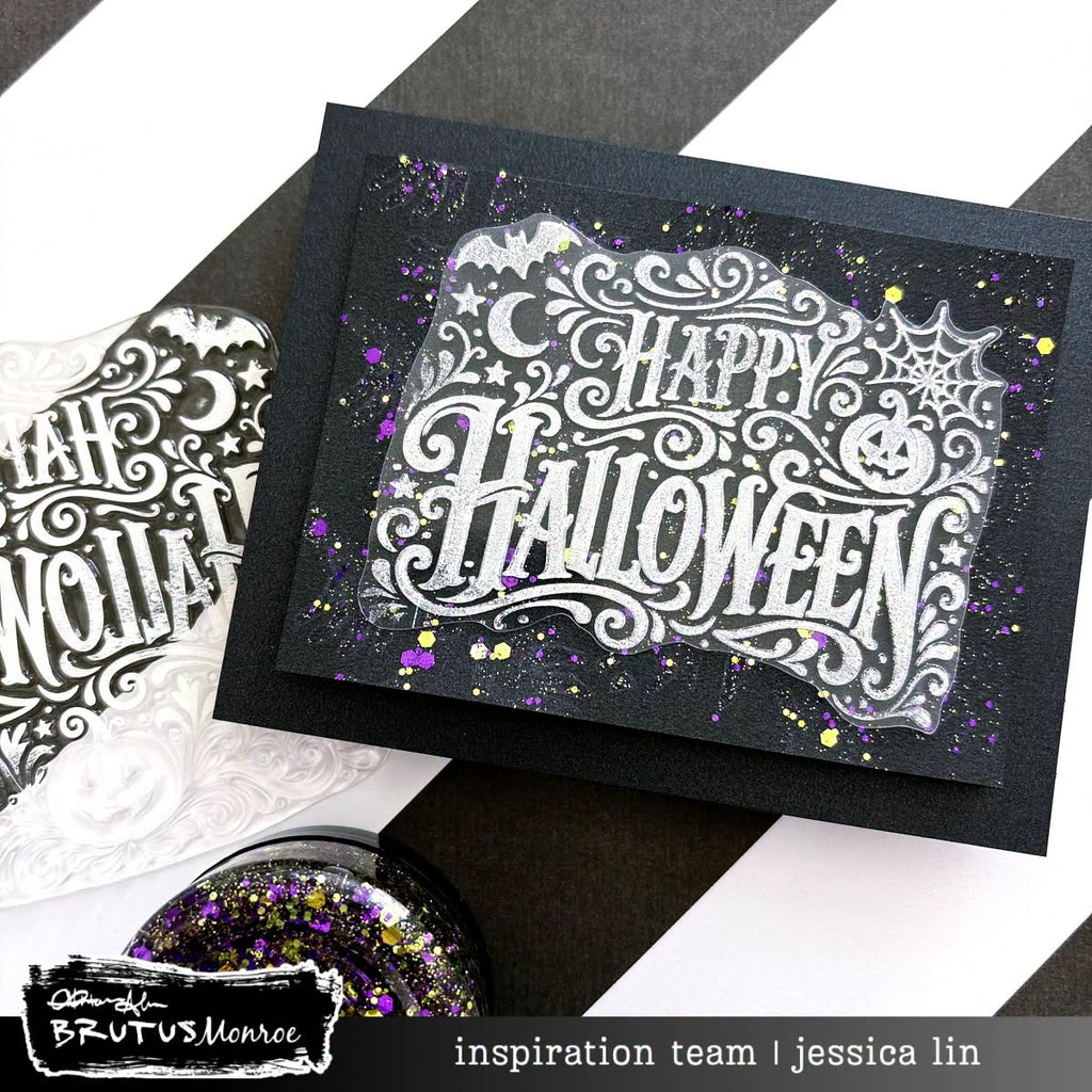 Brutus Monroe Happy Halloween Clear Stamp Set bru7552-3 pumpkin spiderweb purple glitter black halloween card jessica lin