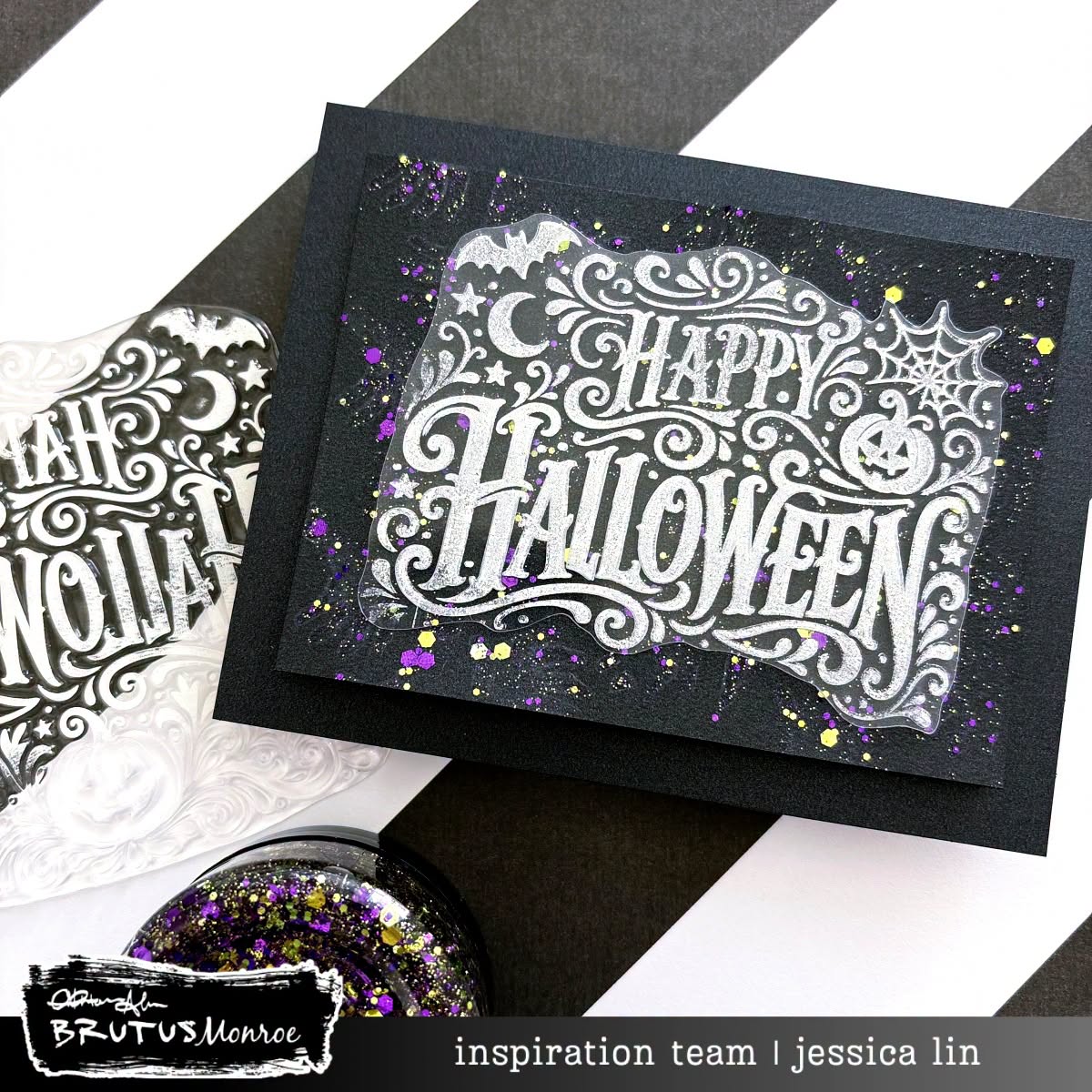 Brutus Monroe Happy Halloween Clear Stamp Set bru7552-3 pumpkin spiderweb purple glitter black halloween card jessica lin