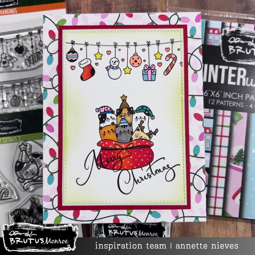Brutus Monroe Holiday Hangings Clear Stamp Set bru8094 cats in a red bag christmas hats snowman present candy cane merry christmas card annette nieves