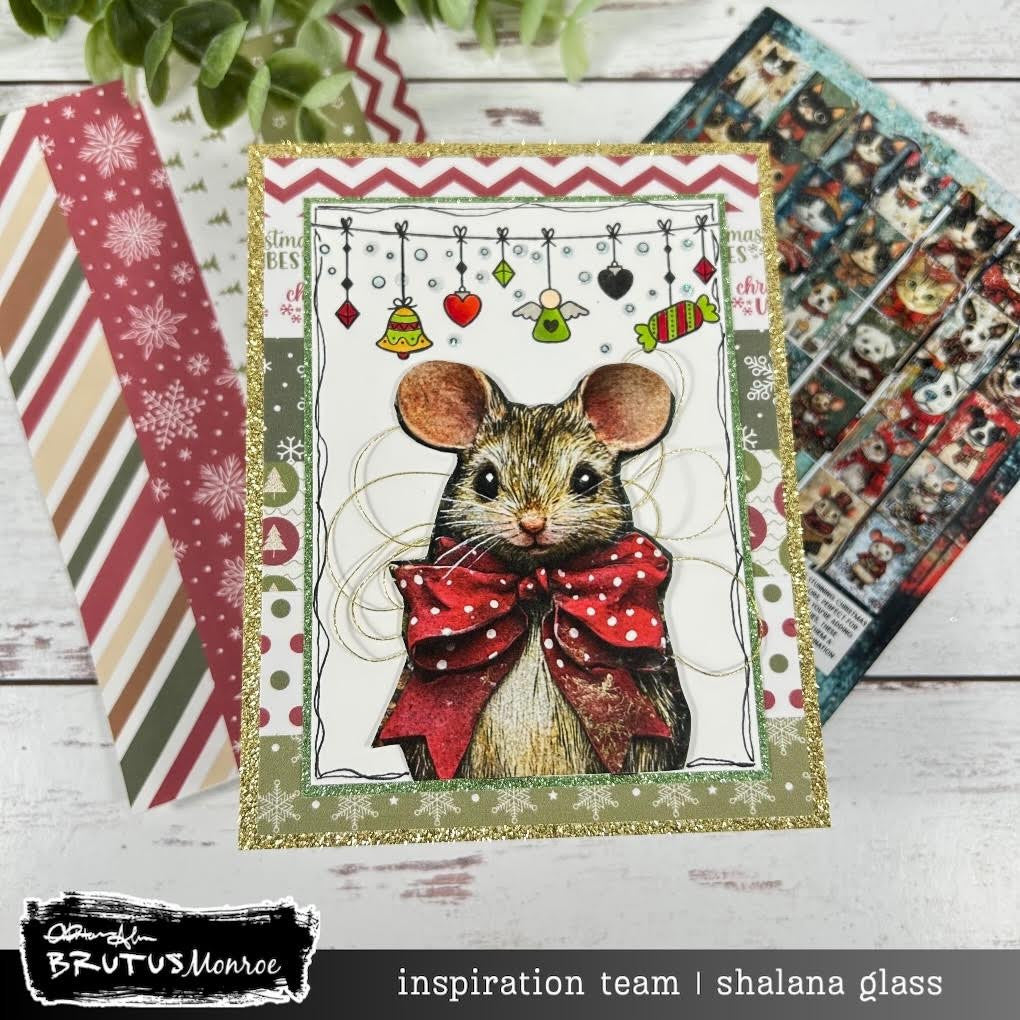 Brutus Monroe Holiday Hangings Clear Stamp Set bru8094 mouse with red bow gold trim border hanging christmas objects card shalana glass