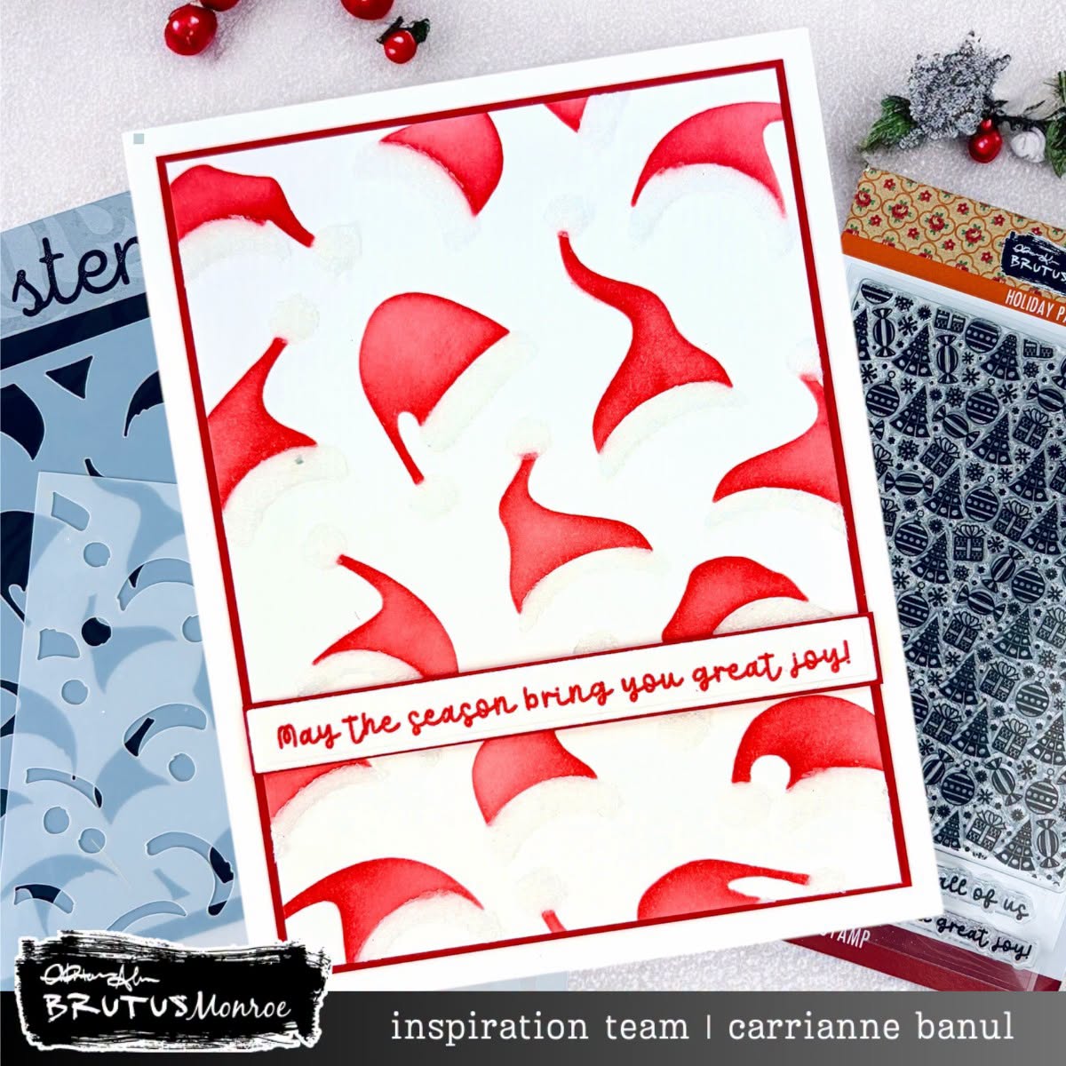 Brutus Monroe Holiday Hats Layering 6x6 Stencils bru5100-2 santa hats red trim border joy card carrianne banul