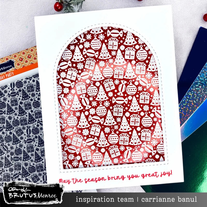 Brutus Monroe Holiday Party Clear Stamp Set bru7219-3 candy christmas tree presents ornaments red collage christmas card