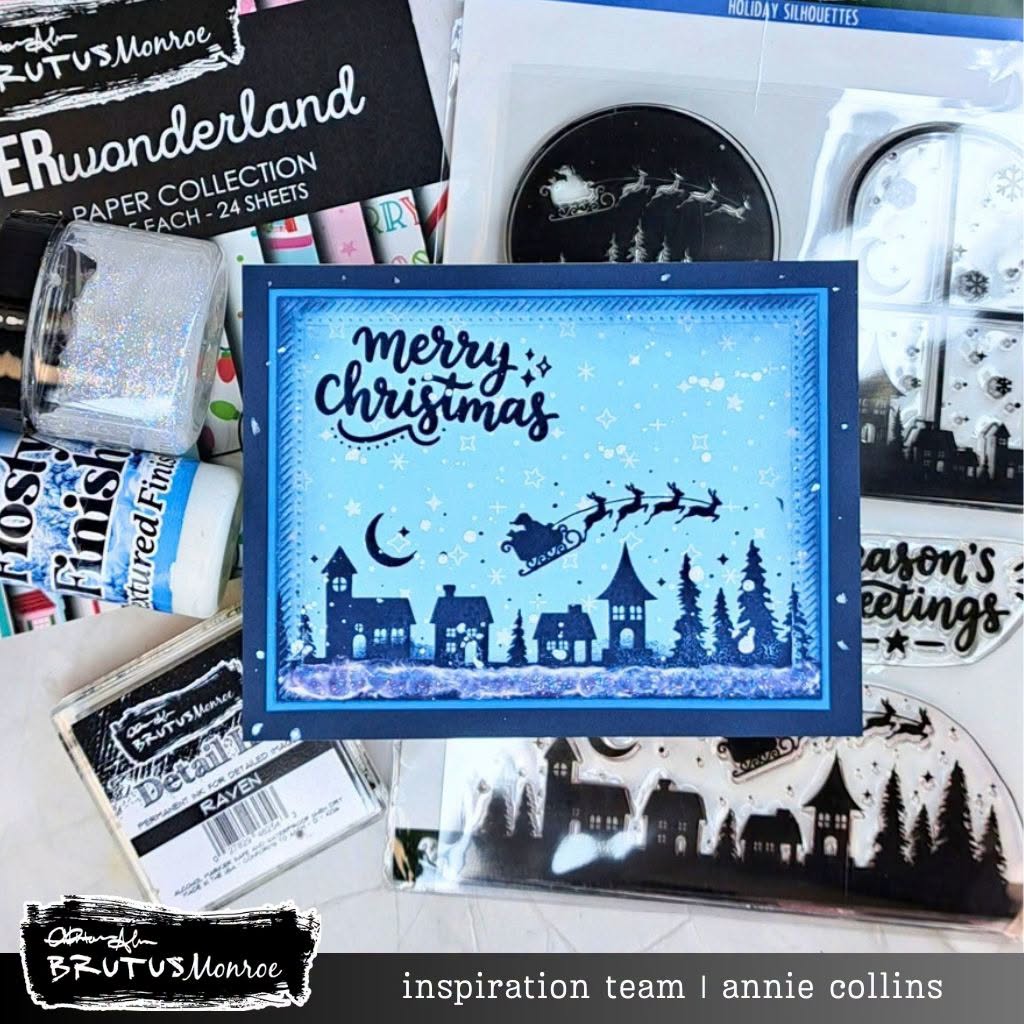 Brutus Monroe Holiday Silhouettes Clear Stamp Set bru9388-2 santa with sleigh houses stars half blue merry christmas card