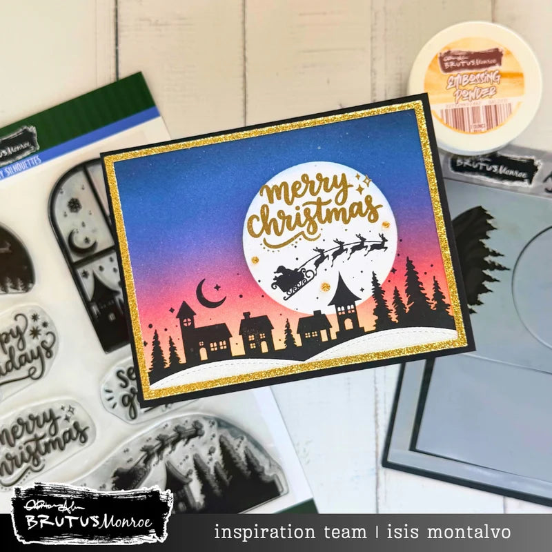 Brutus Monroe Holiday Silhouettes Coordinating A2 Stencil bru3834-2 houses on hill santa on sleigh reindeer gold trim border isis montalvo