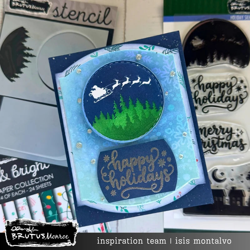 Brutus Monroe Holiday Silhouettes Stamp and Stencil Bundle trees santa with sleigh reindeer glitter dots happy holidays card isis montalvo