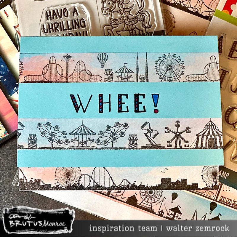 Brutus Monroe Joey's Type Clear Stamp Set bru8437 rollercoaster background blue striped whee card walter zemrock