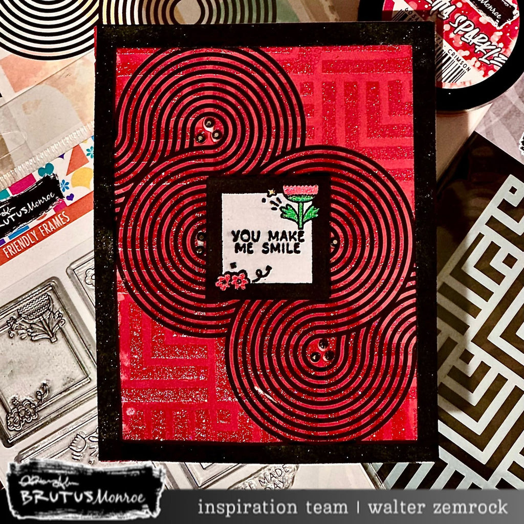 Brutus Monroe Linear Zen Acetate Sheets bru7064 black lines pink flower red background you make me smile card