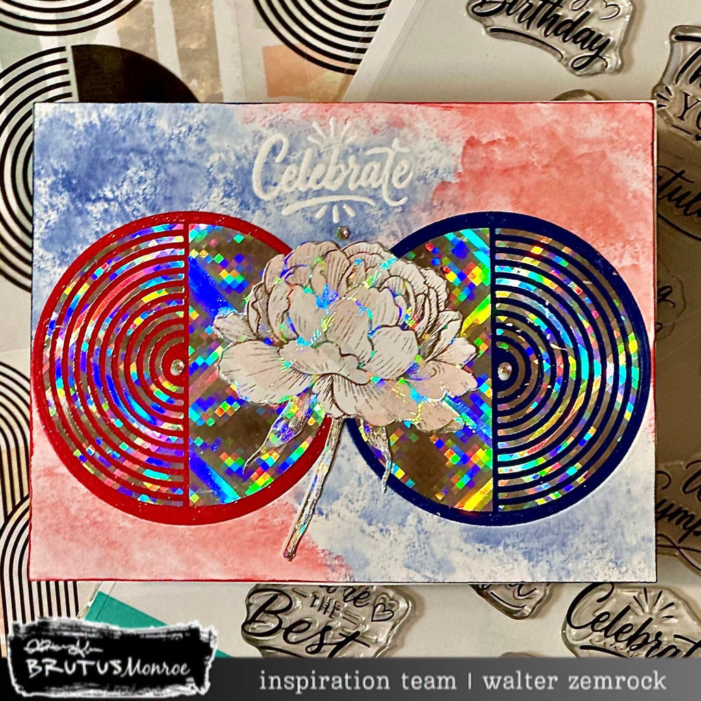 Brutus Monroe Linear Zen Acetate Sheets bru7064 circles with flower red white and blue background celebrate card