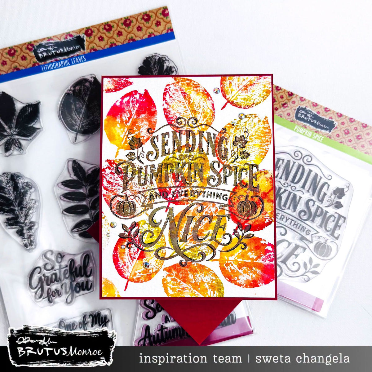 Brutus Monroe Lithographic Leaves Clear Stamp Set bru6362-2 red trim sending pumpkin spice card sweta changela
