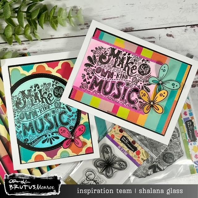 Brutus Monroe Make Music Clear Stamp Set bru4536-2 cartoon butterflies colorful background music card