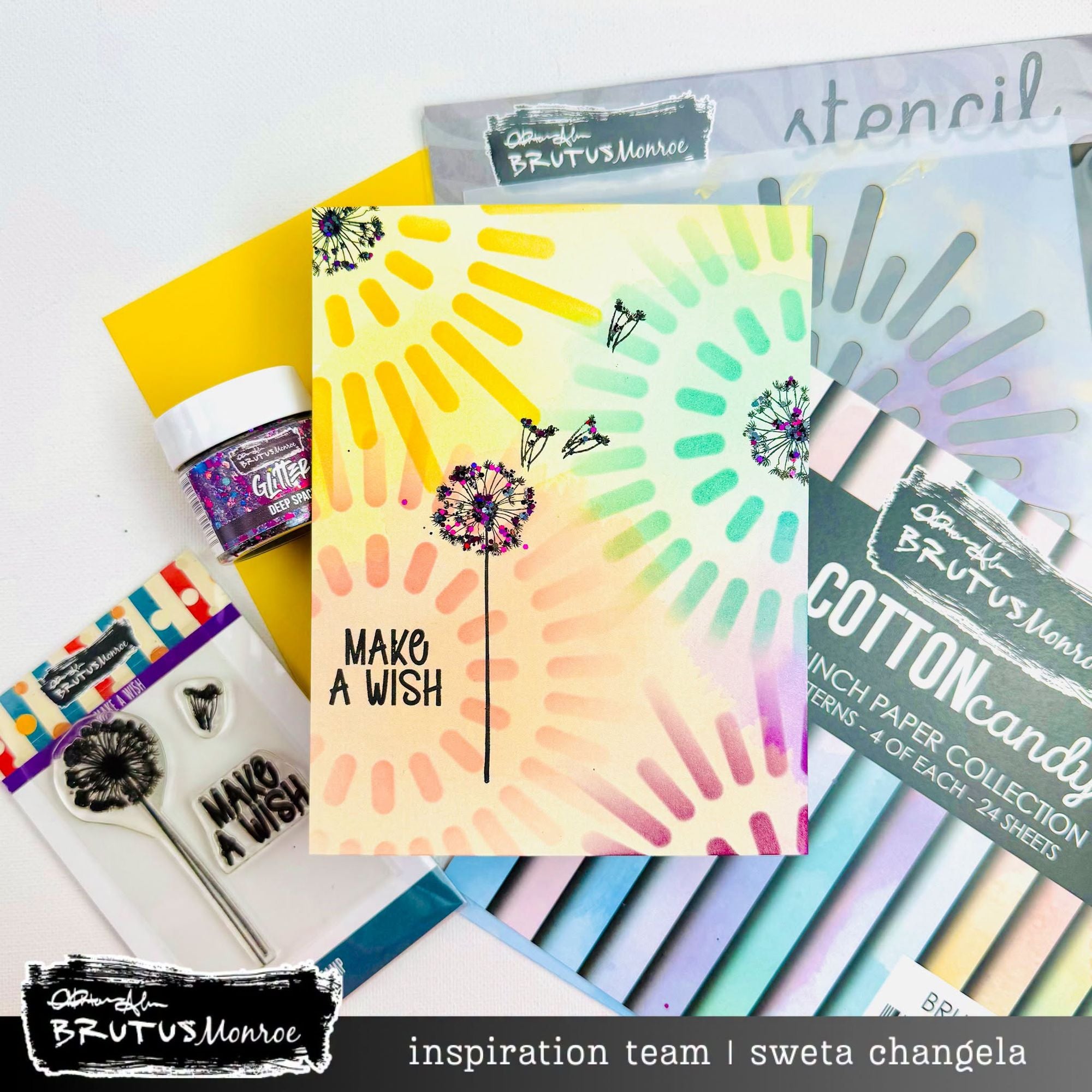 Brutus Monroe Make a Wish Clear Stamp Set bru1410 tie dye lines dandelion card sweta changela