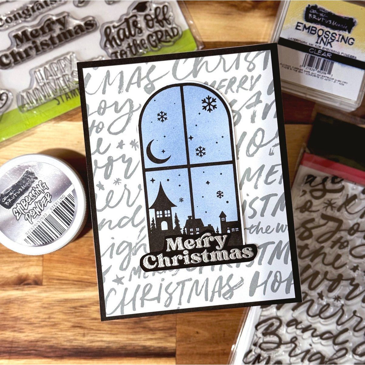 Brutus Monroe Merry Words Clear Stamp bru9240 window of houses merry christmas card 
