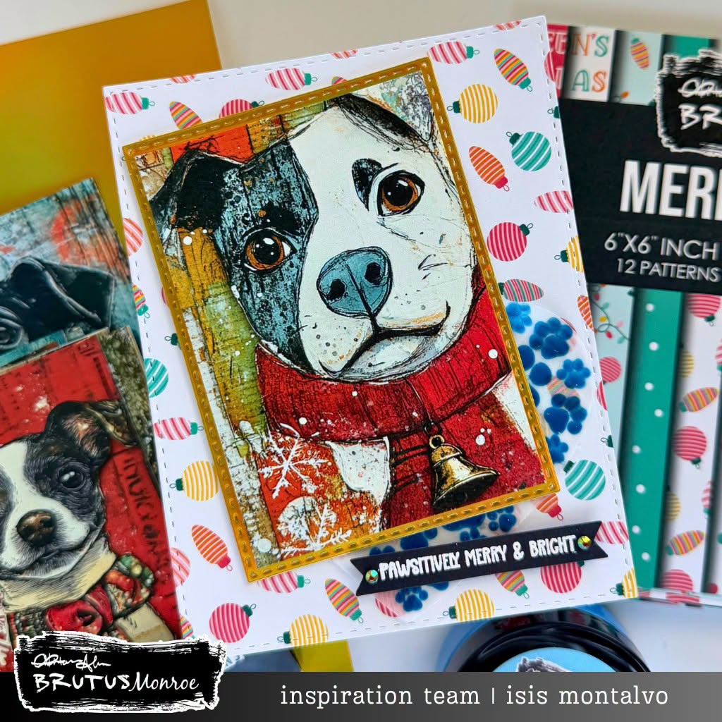 Brutus Monroe Merry and Bright 6x6 Paper Pad bru0471 colored pattern lightbulbs black and what dog red scarf merry and bright card isis montalvo