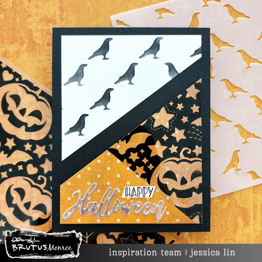Brutus Monroe Nevermore Mixed Media 6x6 Stencil bru3078 crows pumpkin stars halloween card jessica lin