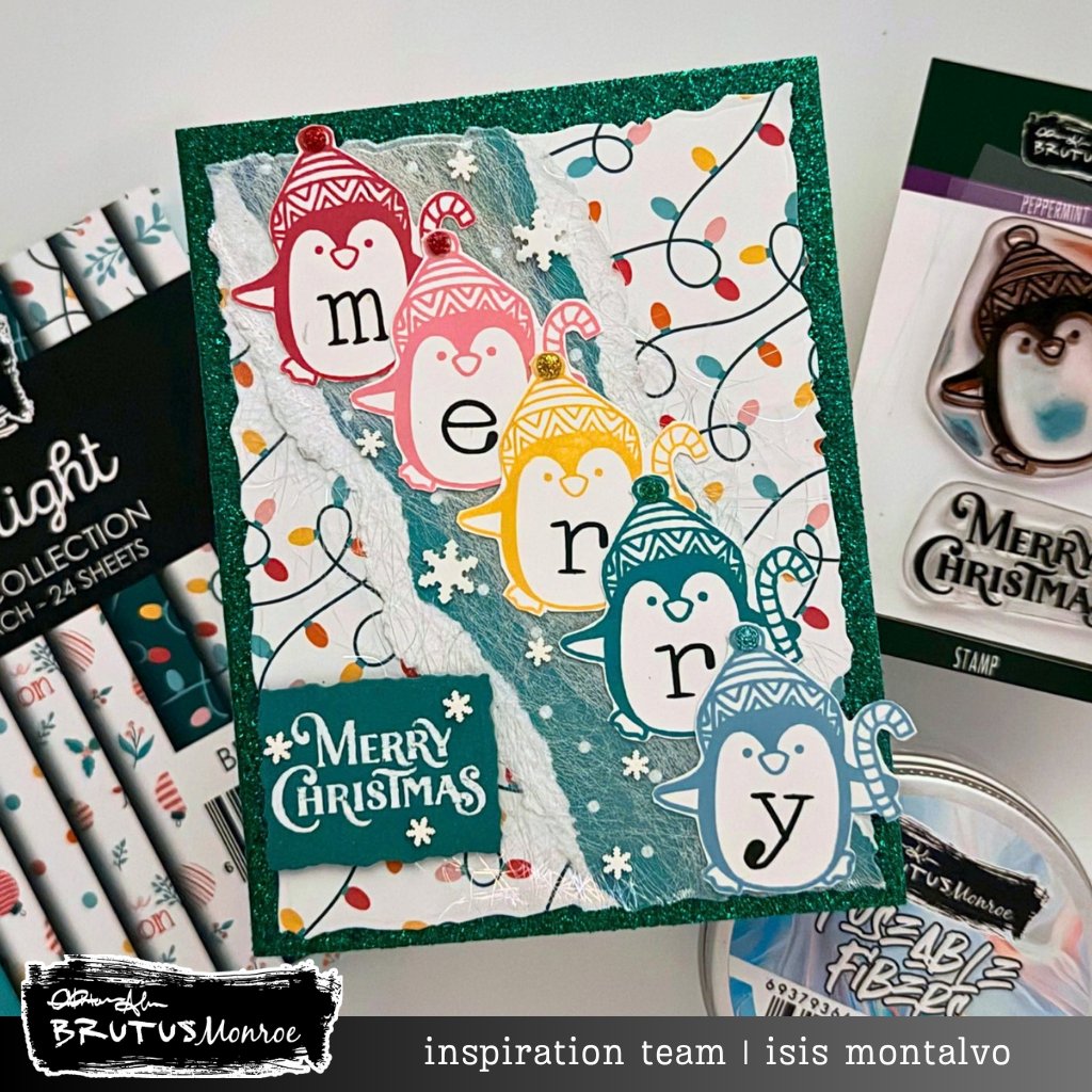 Brutus Monroe Opalescent Fuseable Fibers bru8177 colored penguins christmas lights merry christmas card isis montalvo
