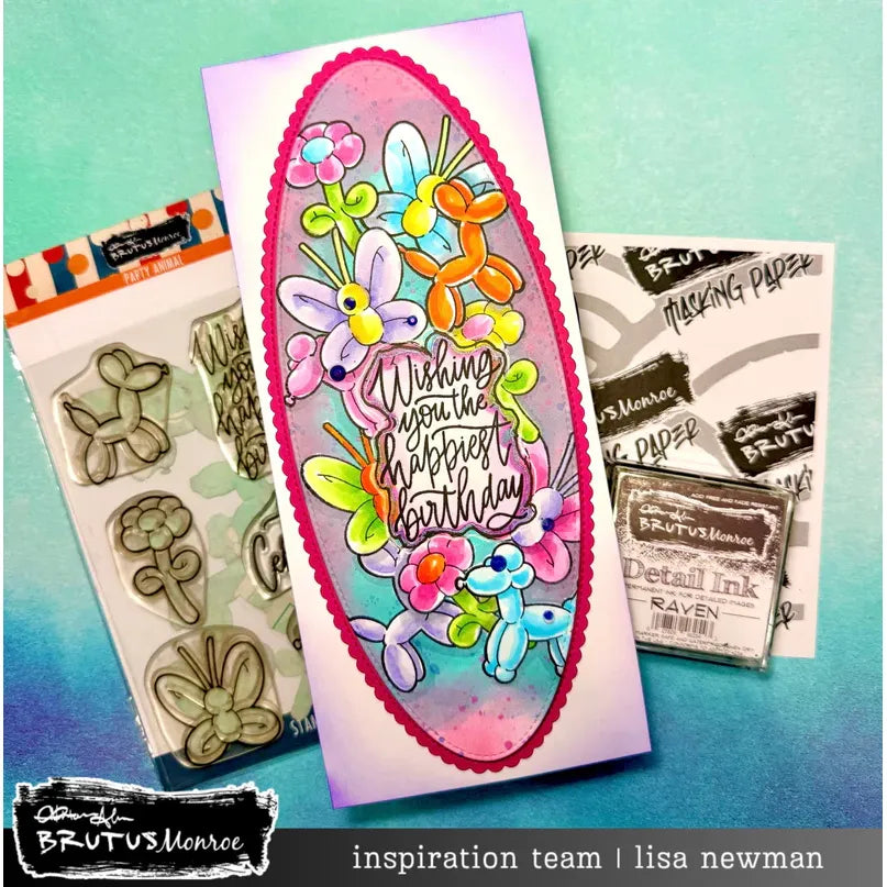 Brutus Monroe Party Animal Clear Stamp Set bru5066-2 balloon animals flower butterfly birthday card lisa newman