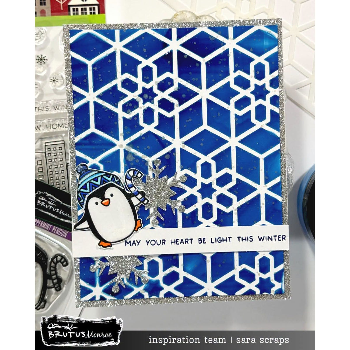 Brutus Monroe Peppermint Penguin Clear Stamp Set bru2375-2 silver glitter border glitter snowflakes blue candy cane christmas card sara scraps