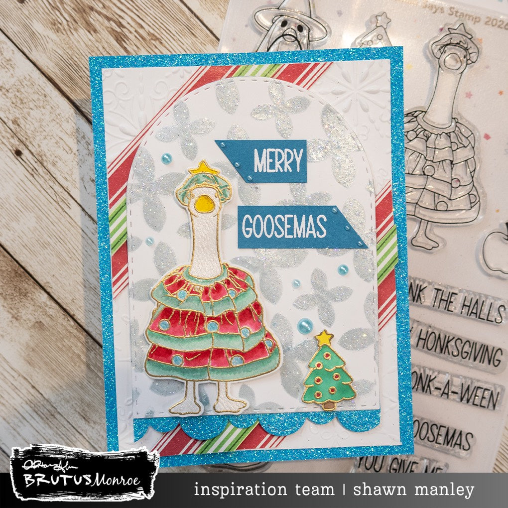 Brutus Monroe Silly Goose STAMPtember Exclusive Stamps and Dies Goose Christmas Card Shawn