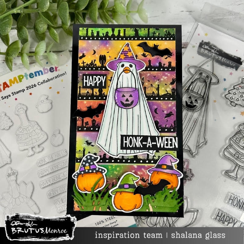 Brutus Monroe Silly Goose STAMPtember Exclusive Stamps and Dies Goose Halloween Card Shalana
