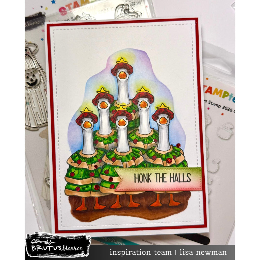 Brutus Monroe Silly Goose STAMPtember Exclusive Stamps and Dies Honk The Halls Card Lisa