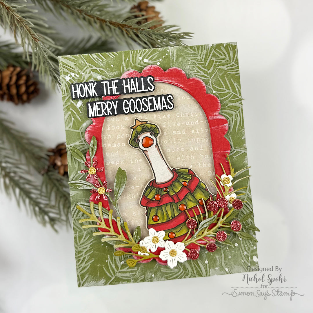 Brutus Monroe Silly Goose STAMPtember Exclusive Stamps and Dies Honk The Halls Card Nichol Spohr