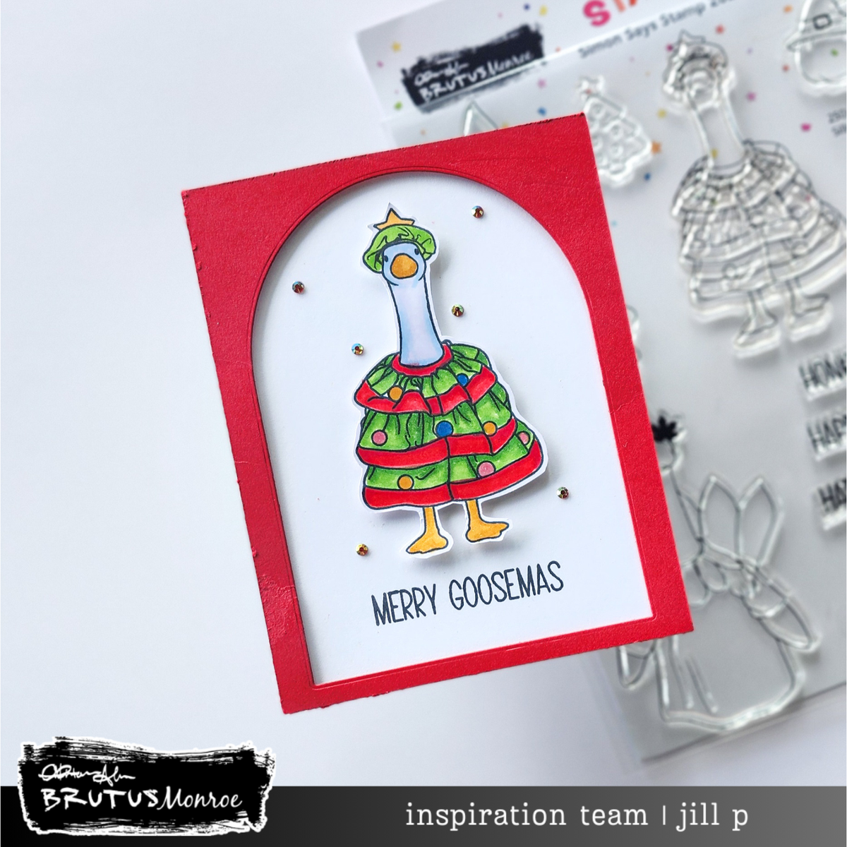 Brutus Monroe Silly Goose STAMPtember Exclusive Stamps and Dies Honk the Halls Card