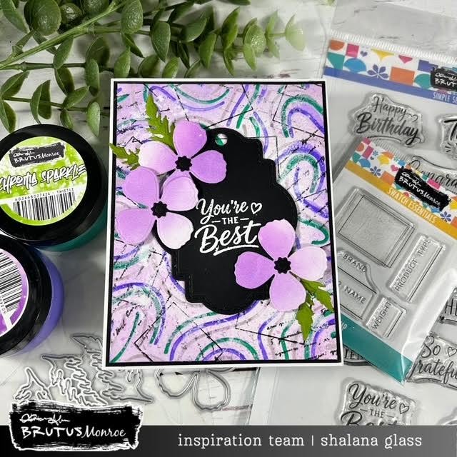 Brutus Monroe Simple Sentimental Clear Stamp Set bru3261 purple flowers black tag you're the best card 