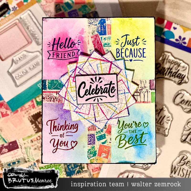 Brutus Monroe Simple Sentimental Clear Stamp Set bru3261 vintage background colored squares just because thinking of you card
