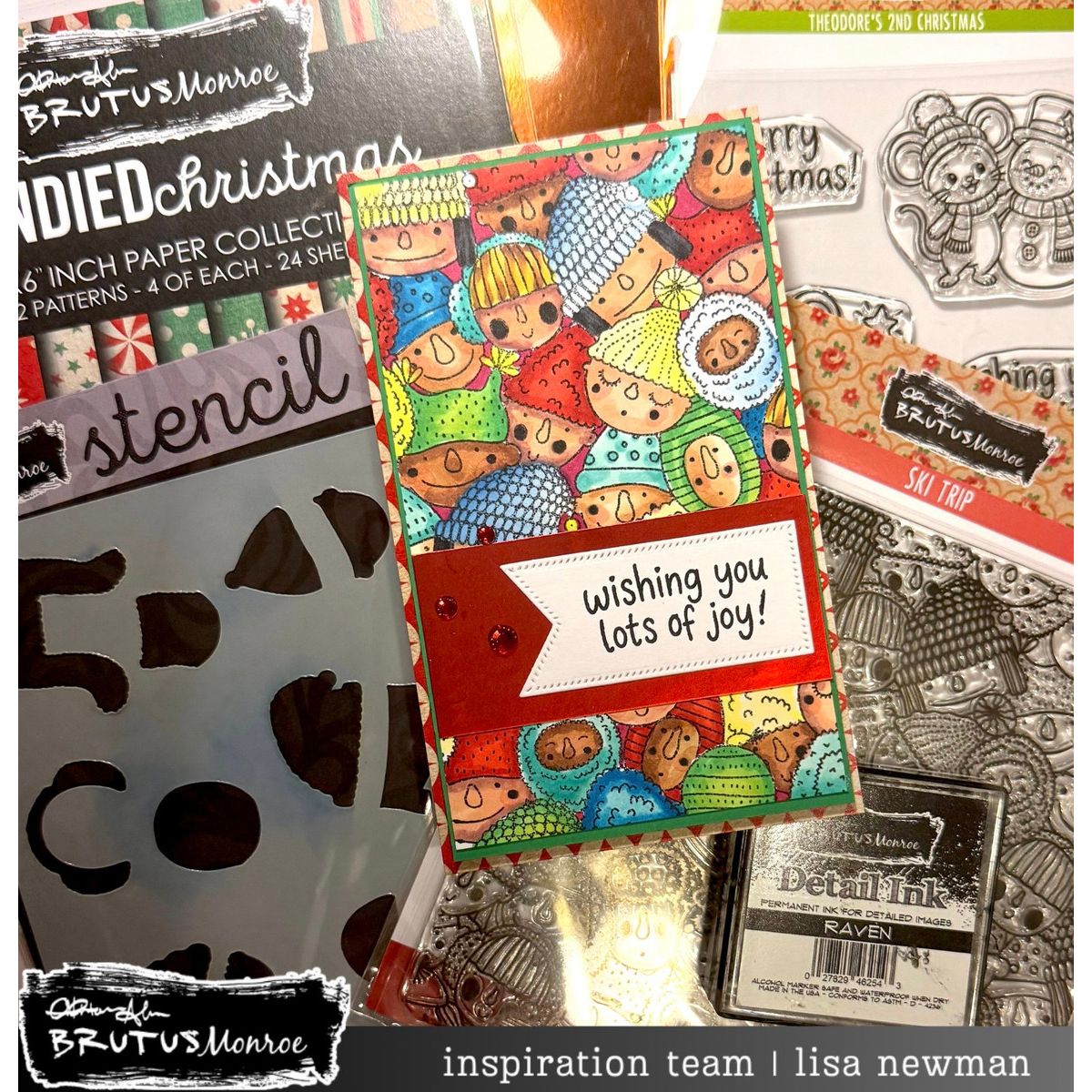 Brutus Monroe Ski Trip Clear Stamp bru4024 earmuffs snow hats white ticket tab wishing you lots of joy card lisa newman
