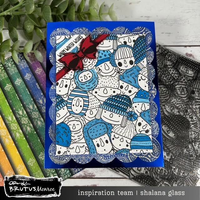 Brutus Monroe Ski Trip Clear Stamp bru4024 red bow blue trim hats earmuffs warm winter wishes card shalana glass