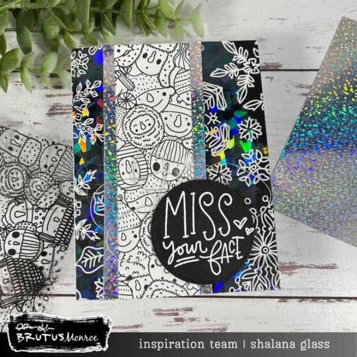 Brutus Monroe Ski Trip Clear Stamp bru4024 snowflakes with shattered paper miss your face card shanala glass