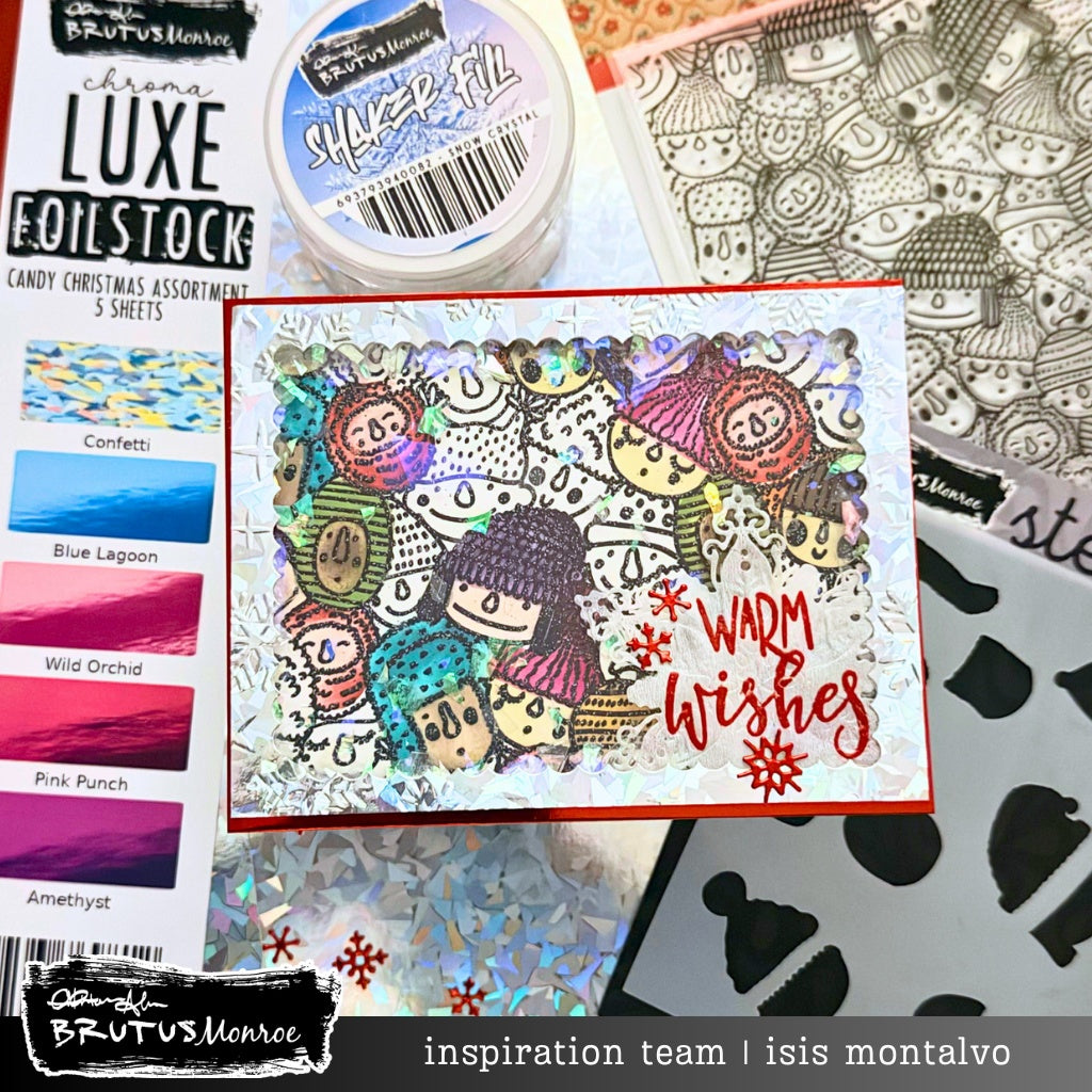 Brutus Monroe Ski Trip Stamp and Stencil Bundle heads with snow hats snow flake boarder warm wishes card isis montalvo
