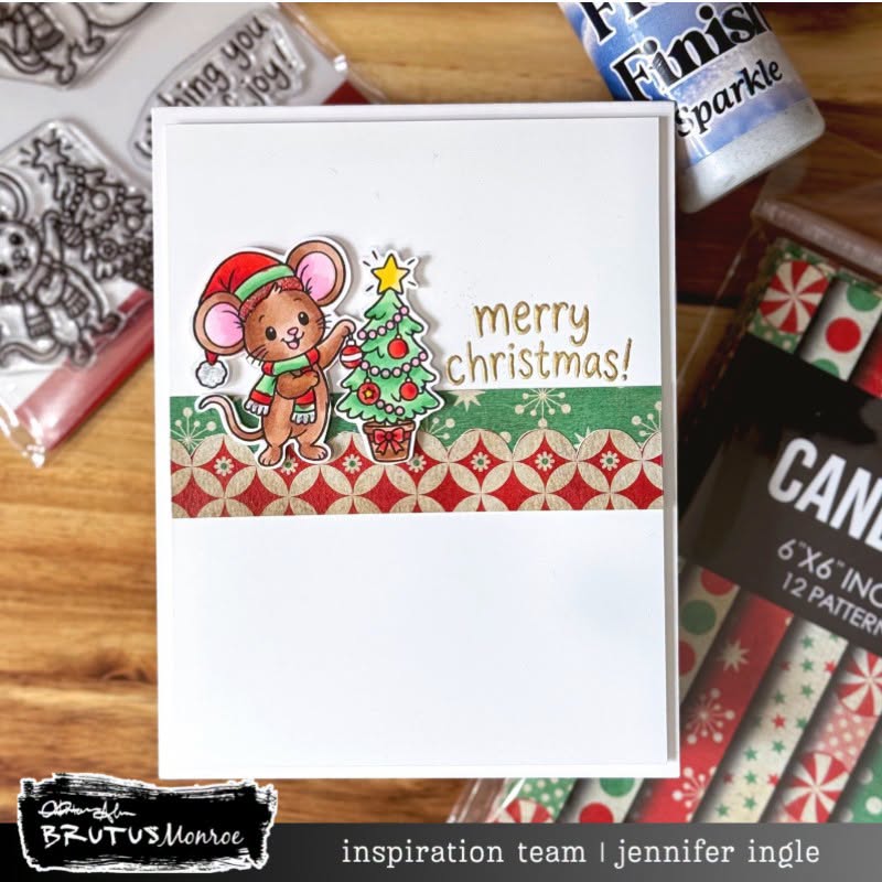 Brutus Monroe Sparkle Frosty Finish Textured Finish bru3436 mouse with santa hat and scarf merry christmas card jennifer ingle
