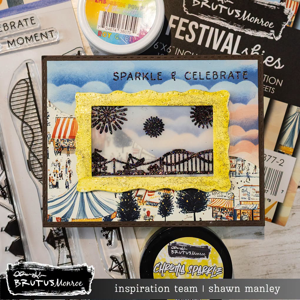 Brutus Monroe Sparkle and Celebrate Clear Stamp Set bru0840 clouds roller coaster yellow sparkle frame celebrate card shawn manley