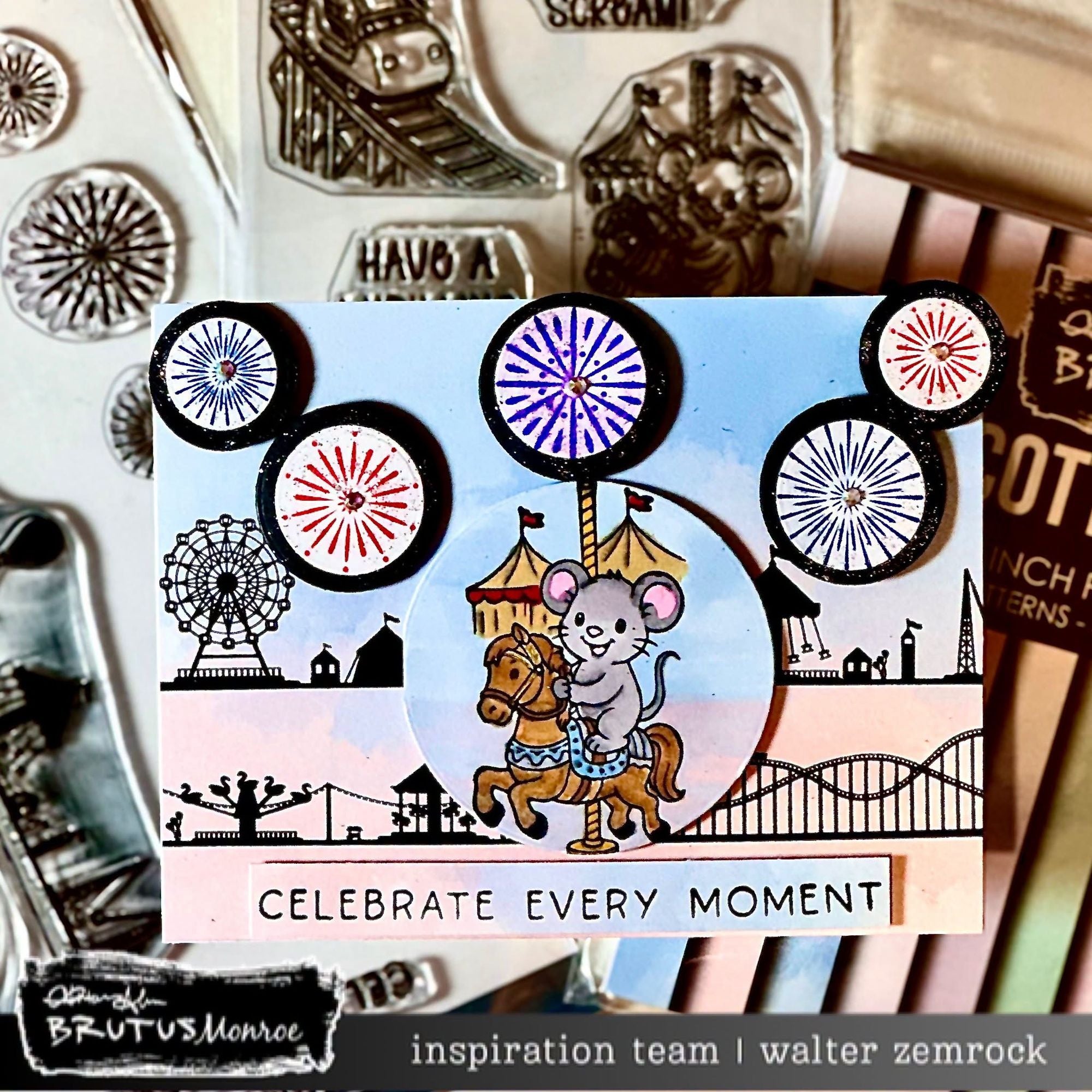 Brutus Monroe Sparkle and Celebrate Clear Stamp Set bru0840 mouse on horse fireworks fair rides celebrate every moment card walter zemrock