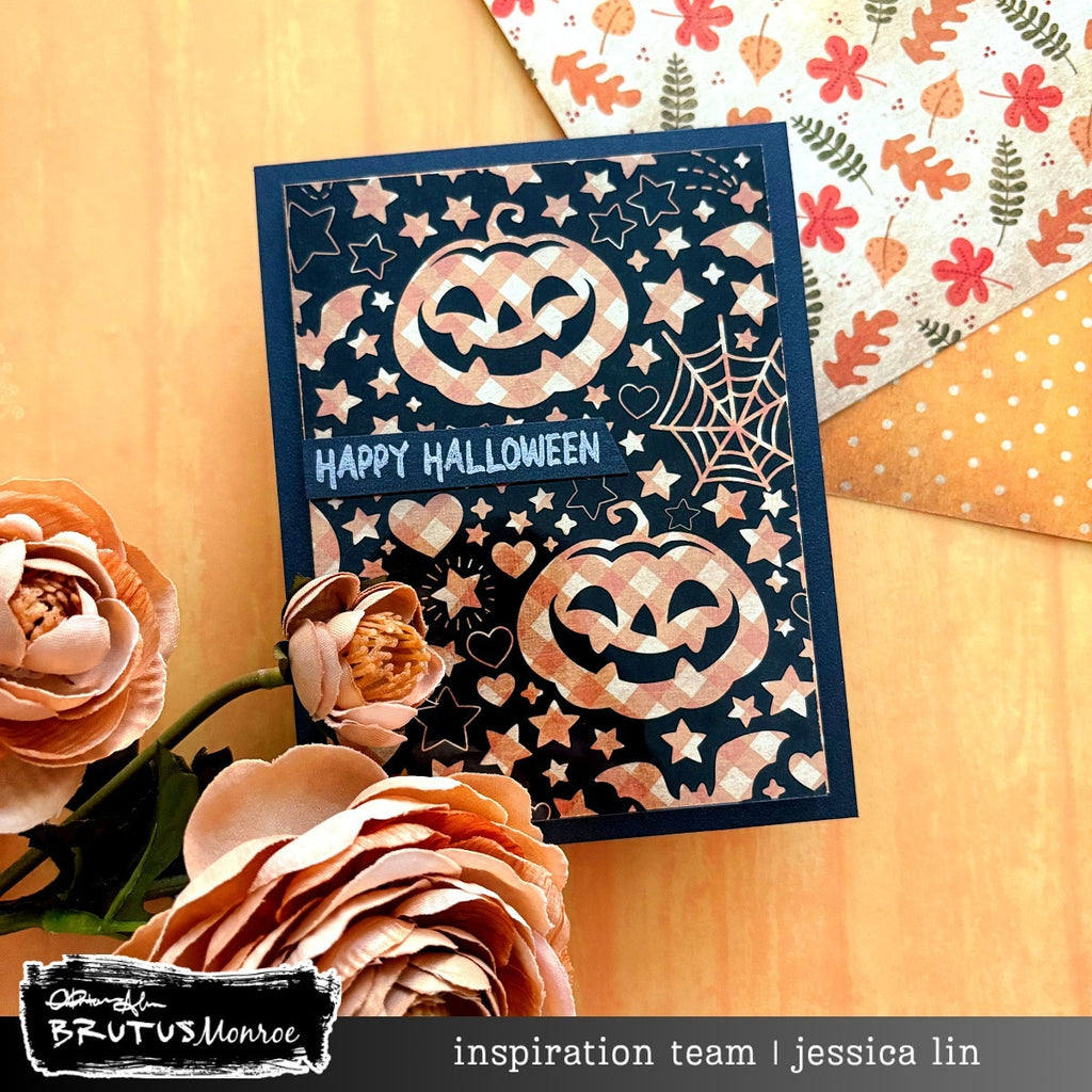 Brutus Monroe Spooky Season Acetate Sheets bru9957-2 pumpkins stars hearts spiderweb happy halloween card jessica lin
