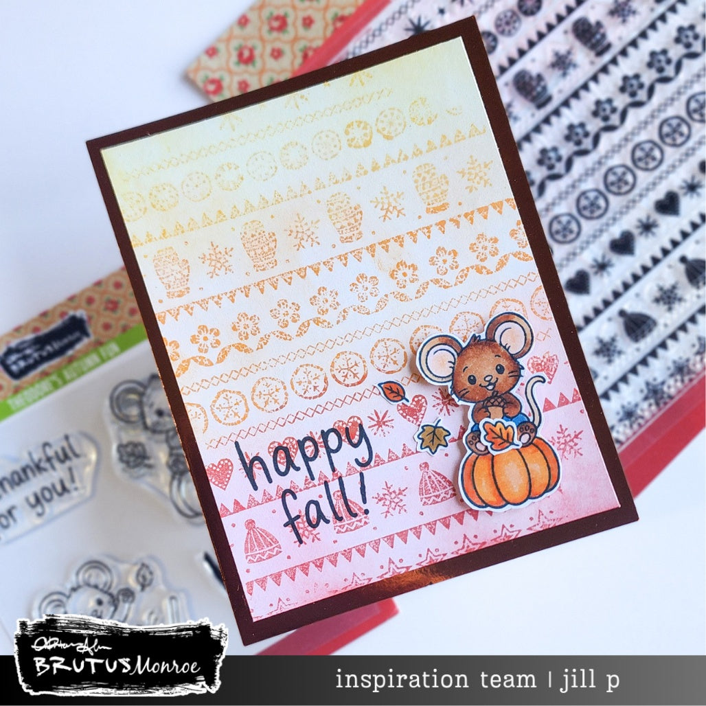 Brutus Monroe Theodore's Autumn Fun Clear Stamp Set bru2171-2 mittens flowers snowflake background mouse sitting on pumpkin happy fall card jill p