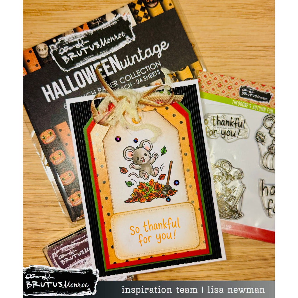 Brutus Monroe Theodore's Autumn Fun Clear Stamp Set bru2171-2 mouse jumping on leaves so thankful for you tag card lisa newman